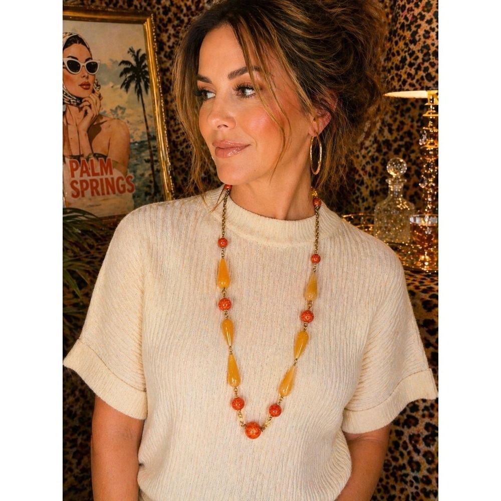 Amber‎ Orange Glass Bead Necklace 19" Art Glass Teardrop Statement Artisan VTG